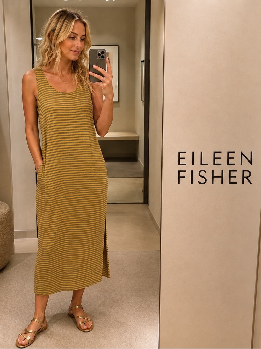 🌸EILEEN FISHER Linen Yellow and Gray Striped Tank Midi Dress size M
Boho Resort